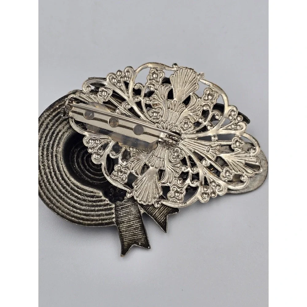 Vintage Style Silver Tone Cherub Fan‎ Hat Bow Collage Brooch Pin Fashion Jewelry